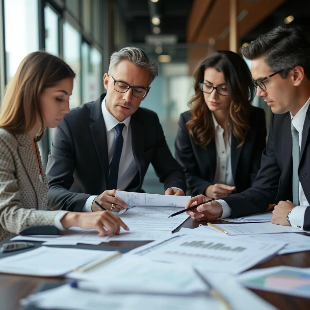 Consultor analizando documentos en una mesa de reuniones